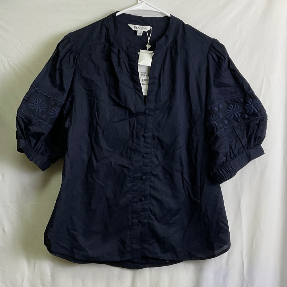 Review Navy Bowline Blouse with Embroidered Balloon Sleeves